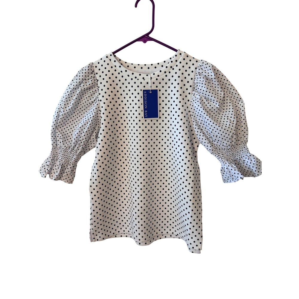 NWT $158 ADDISON BAY Navy Dottie Wharf Top Preppy Polka Dot Puff Sleeve XXS